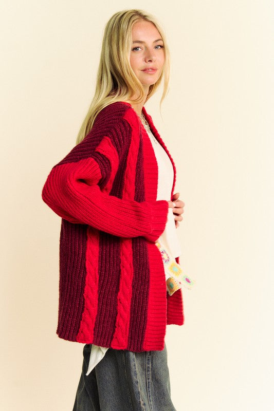 Cable-Knit Color Block Open Front Cardigan