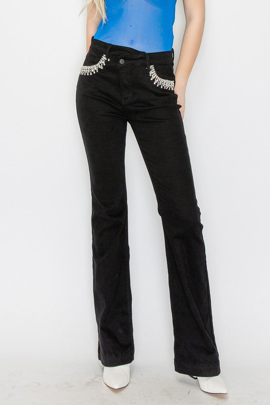 EMBELLISHED HIGH RISE CROSS OVER FLARE JEANS