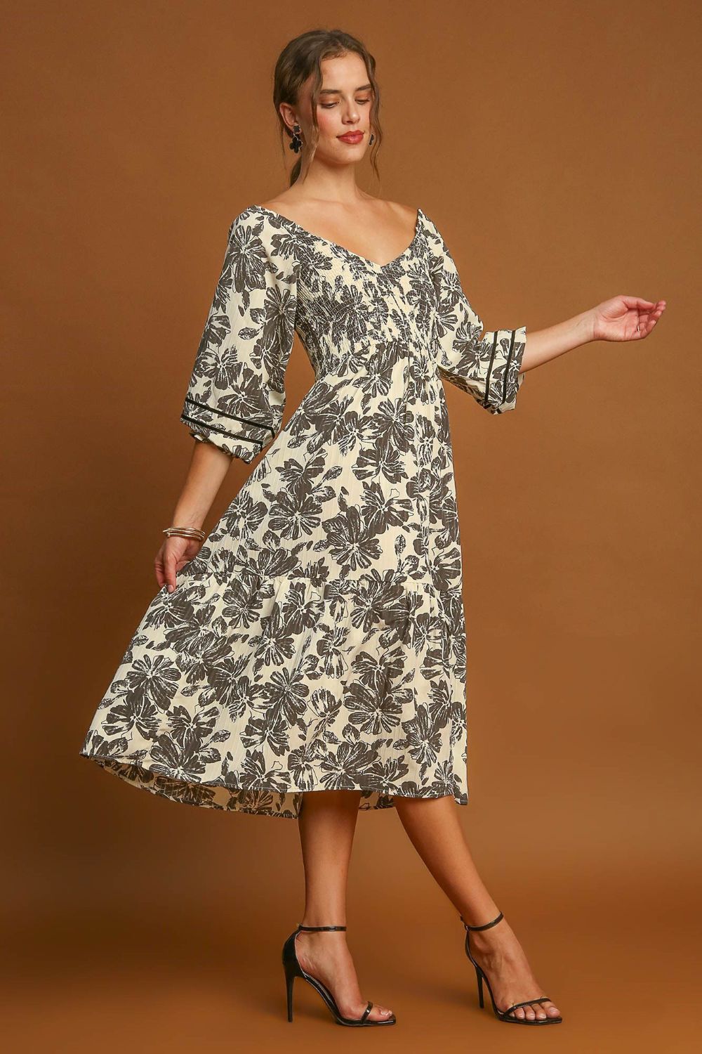 Ruffle Hem Flower Printed V-Neck Dress