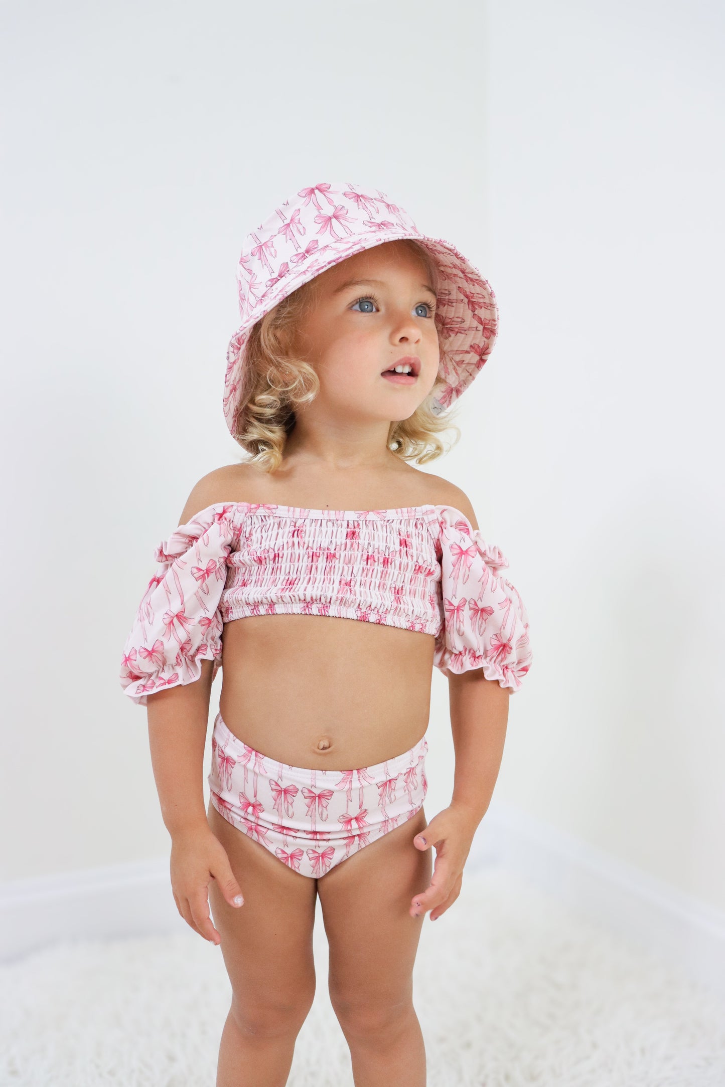 BOW CUTE DREAM SMOCKED OFF THE SHOULDER SWIM SUIT