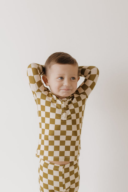 Bamboo Two Piece Pajamas | Olive Checkerboard