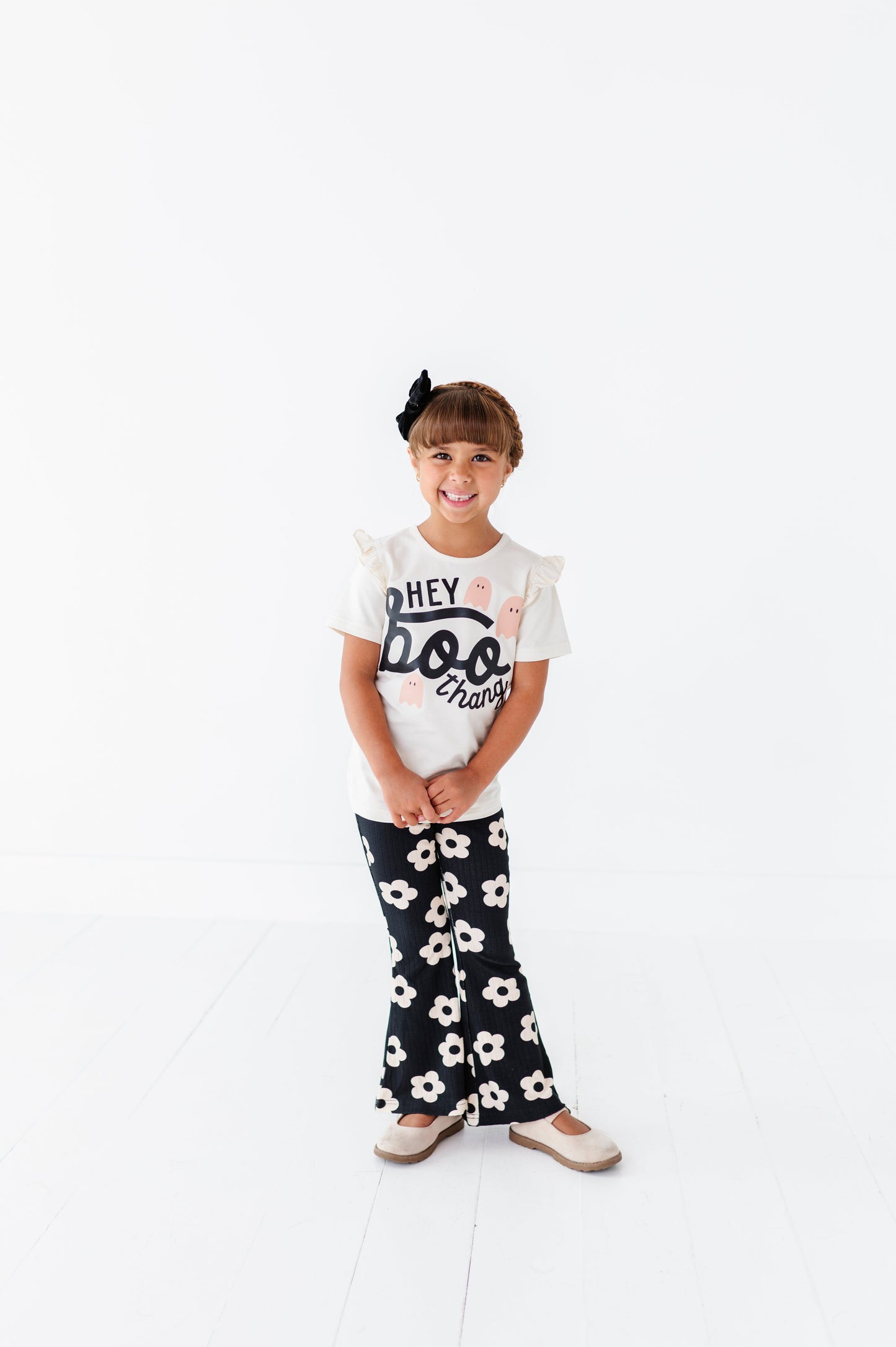 Retro Black + Cream Floral | RIB FLARES (8, 10 + 12 yrs ONLY left)