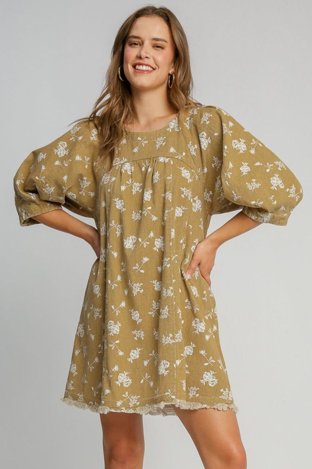 Raw Hem Floral Print Round Neck Denim Dress