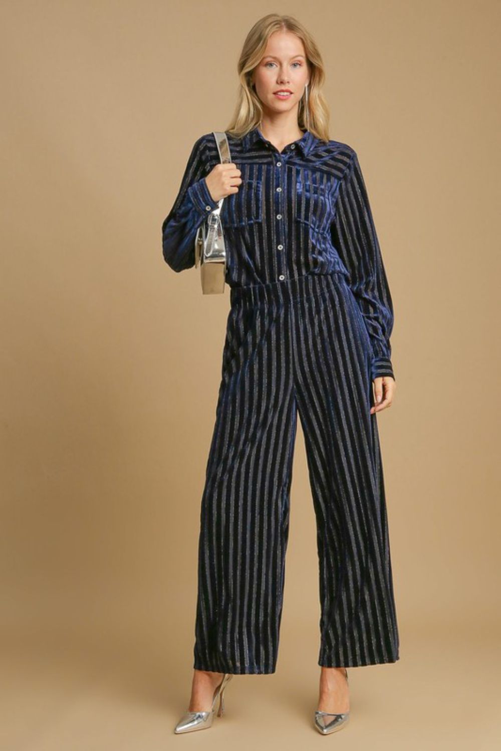 Elastic Waist Striped Wide Leg Velvet Pants