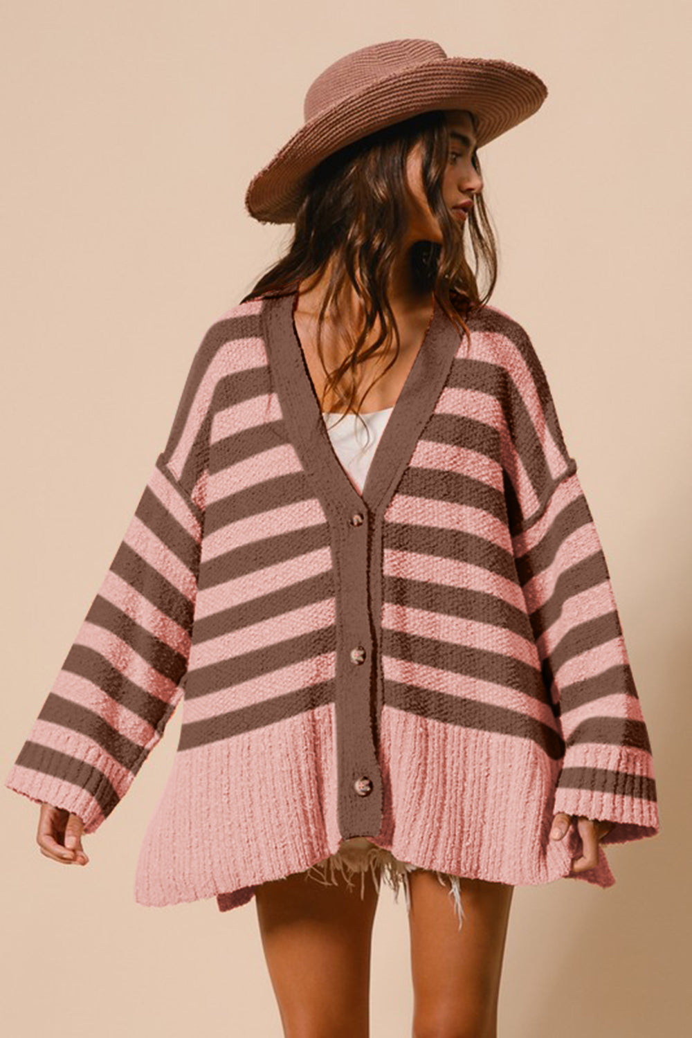 Slit Striped V-Neck Button Up Cardigan