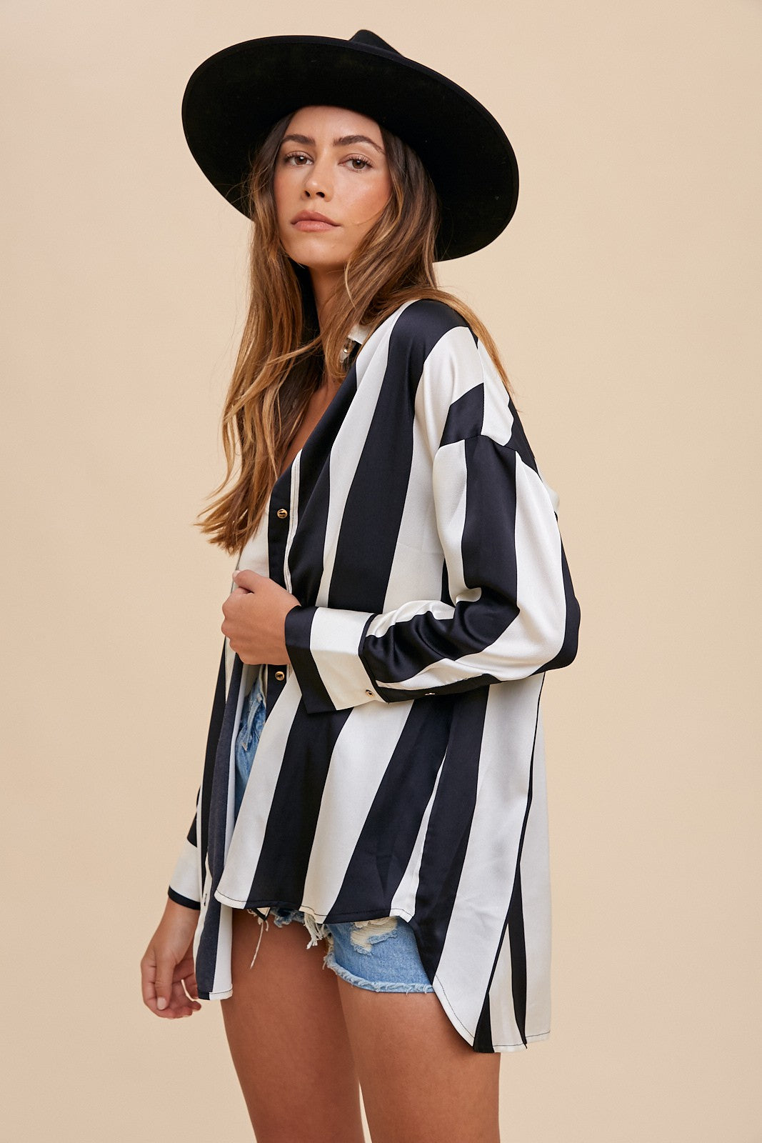 Striped Dropped Shoulder Button Up Shirt