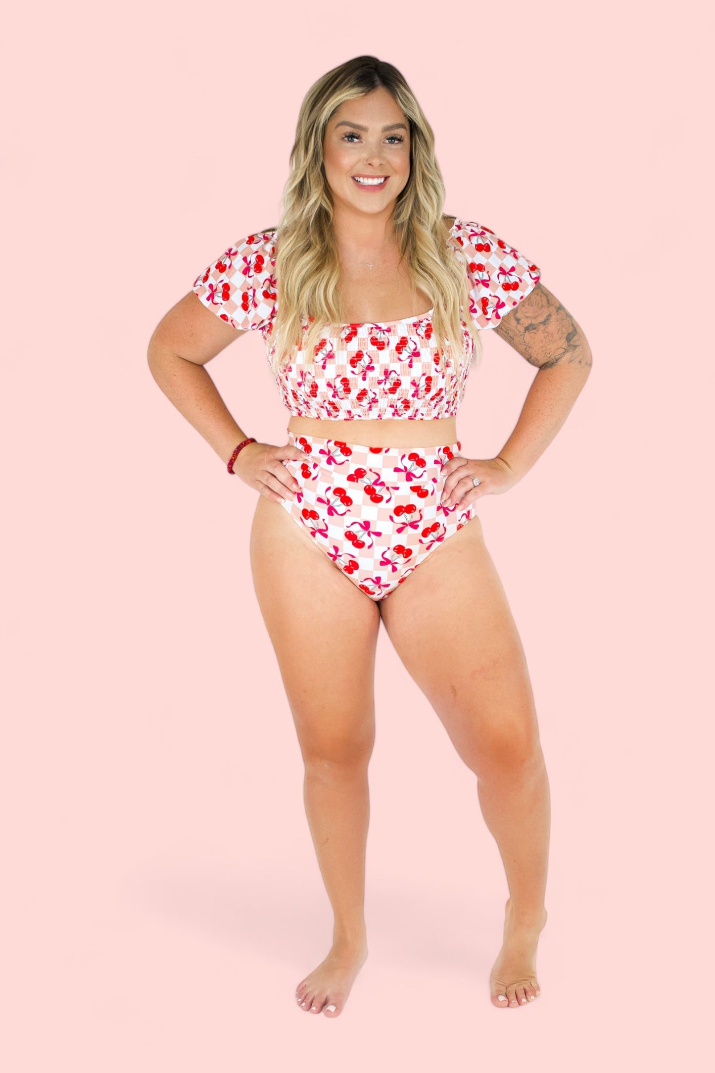 CHERRY SWEET CHECKERS DREAM SMOCKED OFF THE SHOULDER WOMENS SWIM SUIT