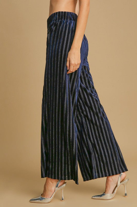 Elastic Waist Striped Wide Leg Velvet Pants