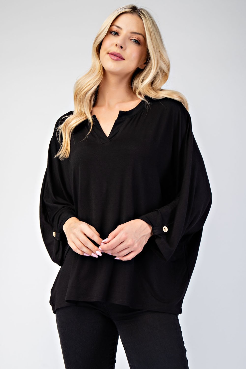 Notched Three-Quarter Sleeve Blouse