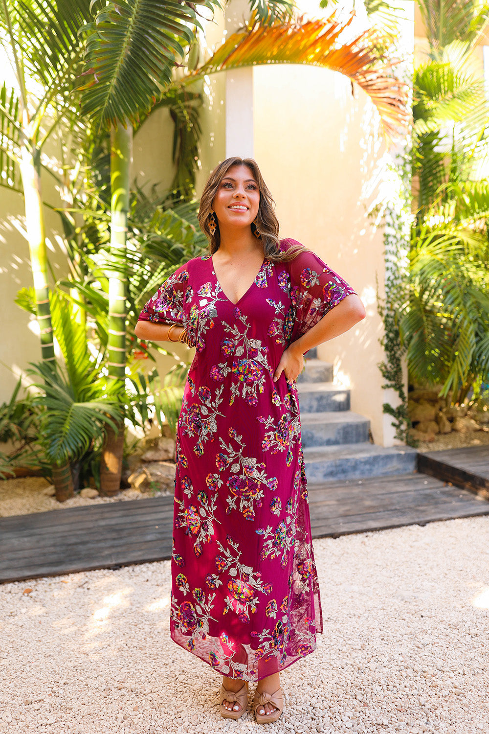 Atlas Sequin Caftan Maxi Dress - Red Sangria