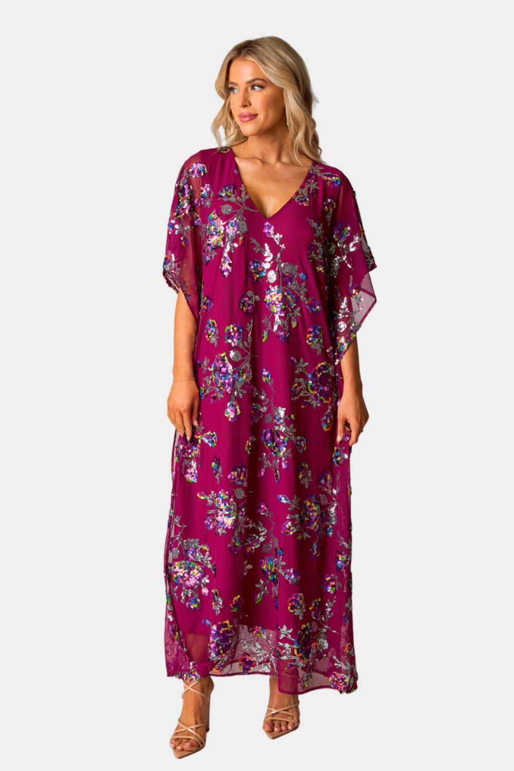 Atlas Sequin Caftan Maxi Dress - Red Sangria