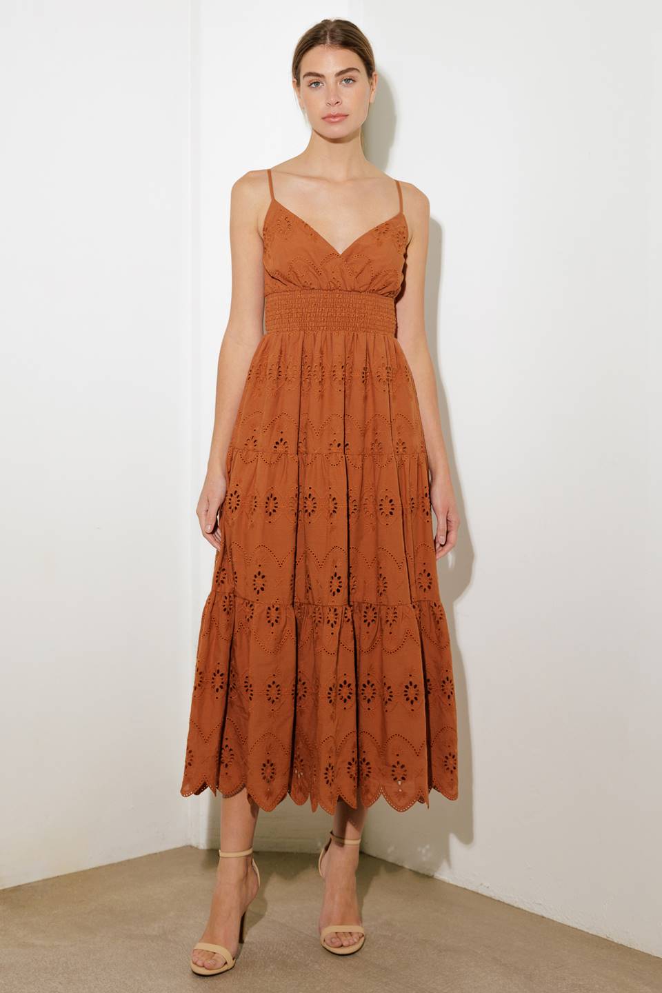 LUMINOUS BLISS WOVEN EYELET MIDI DRESS