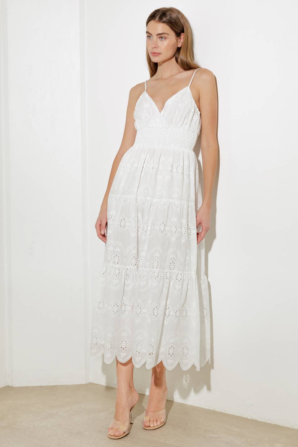 LUMINOUS BLISS WOVEN EYELET MIDI DRESS