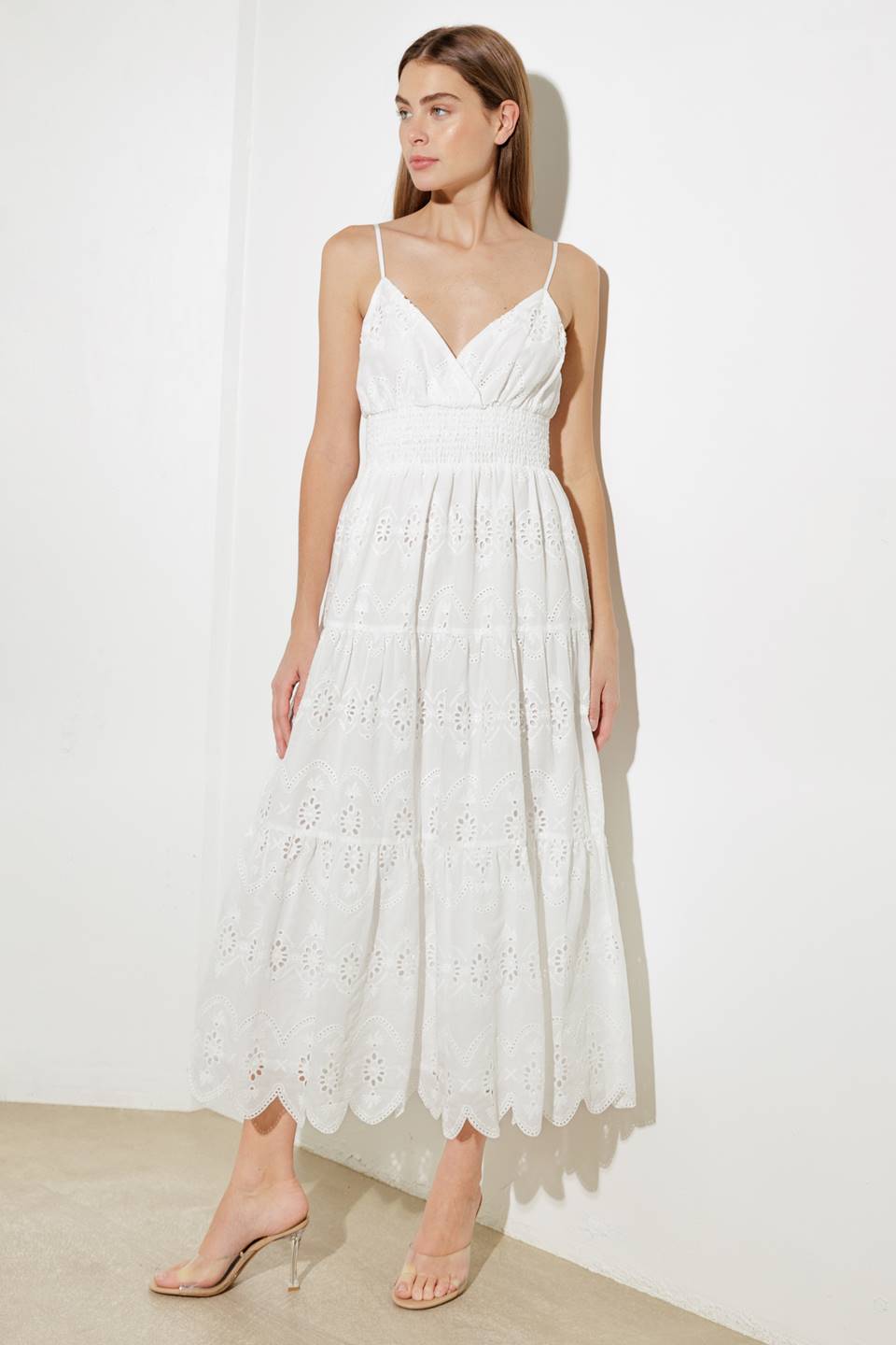 LUMINOUS BLISS WOVEN EYELET MIDI DRESS