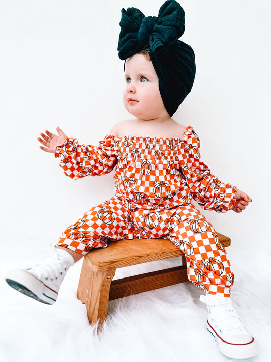 PUMPKIN CHECKS DREAM SMOCKED JUMPSUIT