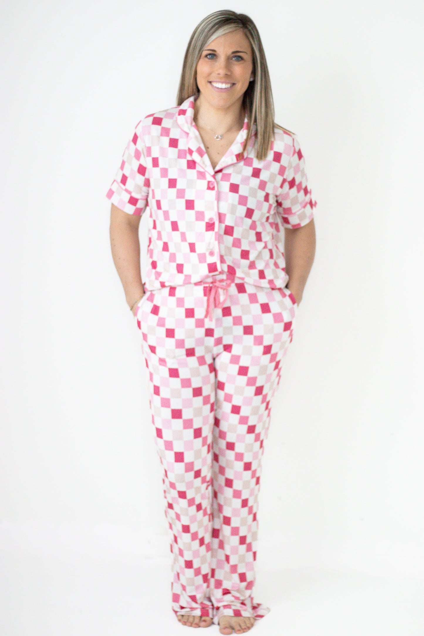 Dreamy Pink Checkers Women's Short Sleeve Relaxed Flare Dream Set