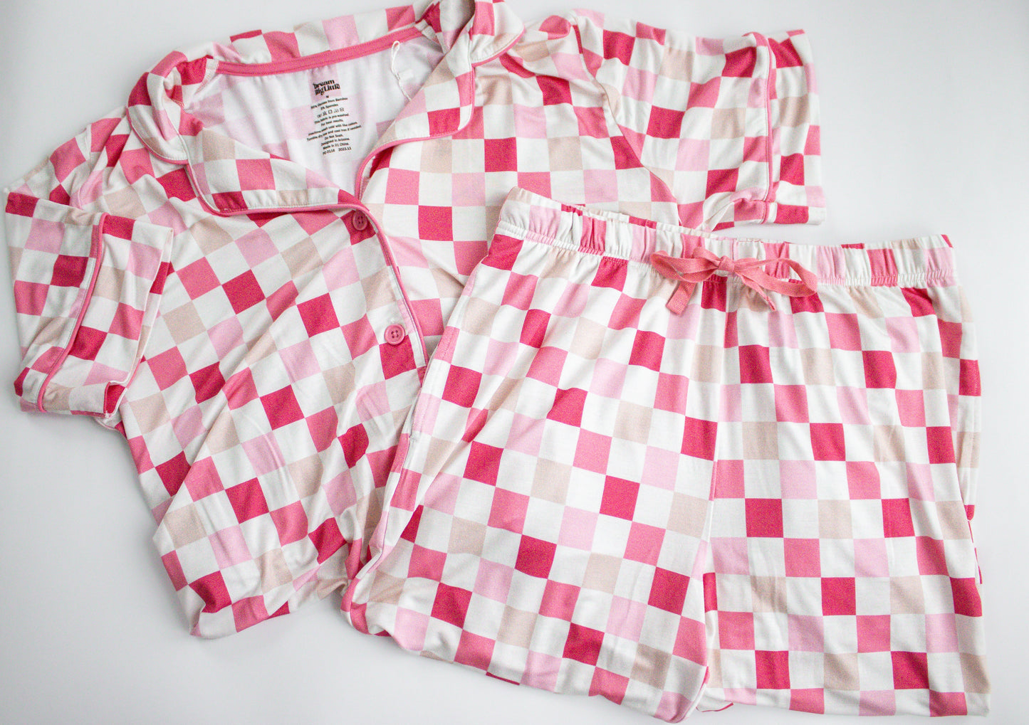 Dreamy Pink Checkers Women's Short Sleeve Relaxed Flare Dream Set