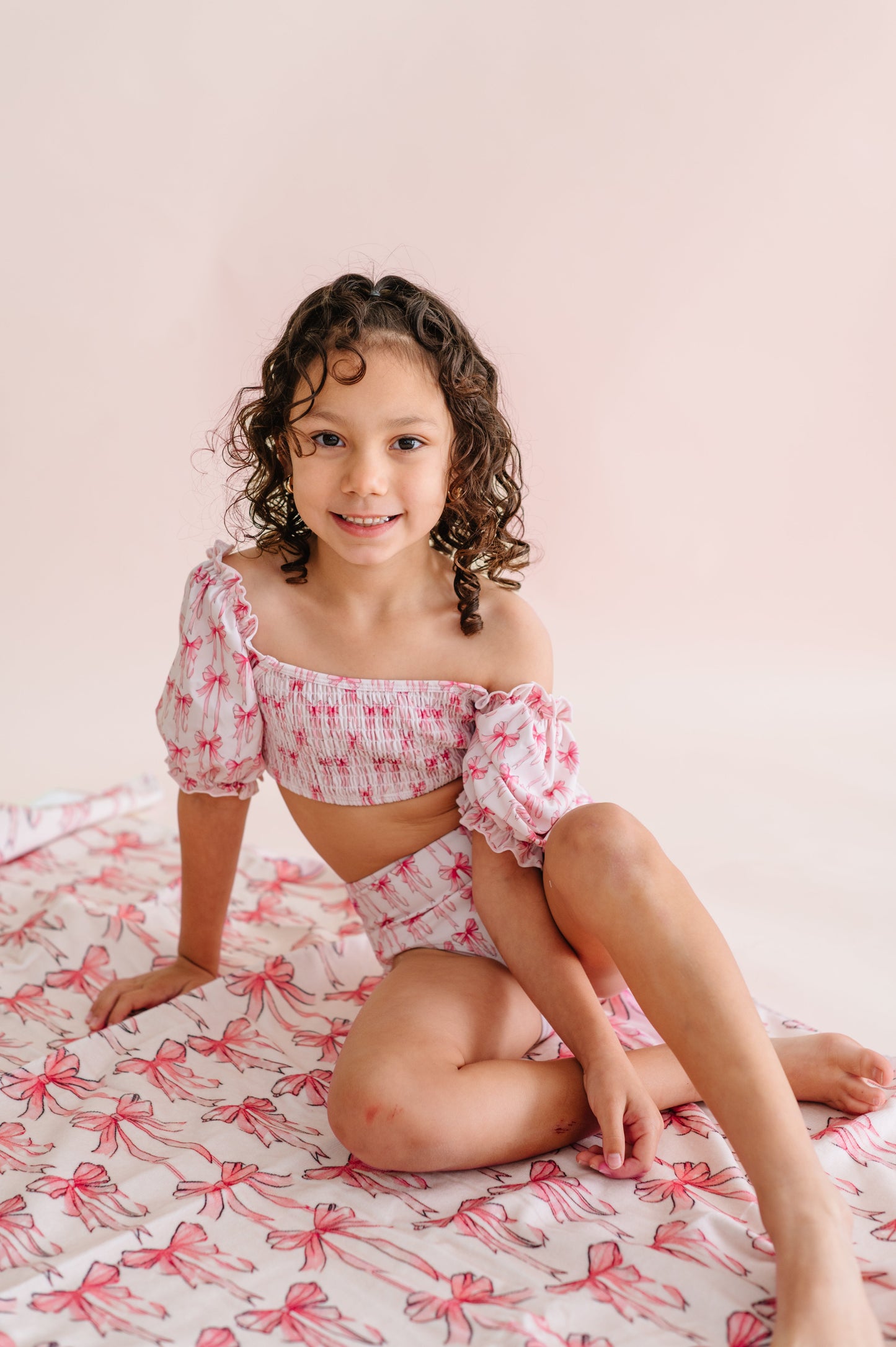 BOW CUTE DREAM SMOCKED OFF THE SHOULDER SWIM SUIT