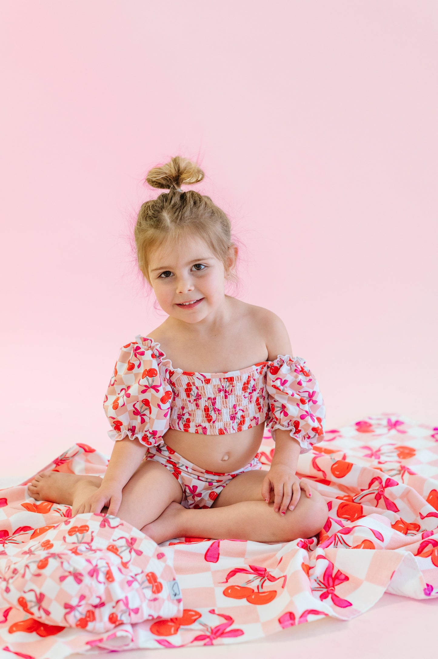 CHERRY SWEET CHECKERS DREAM SMOCKED OFF THE SHOULDER SWIM SUIT