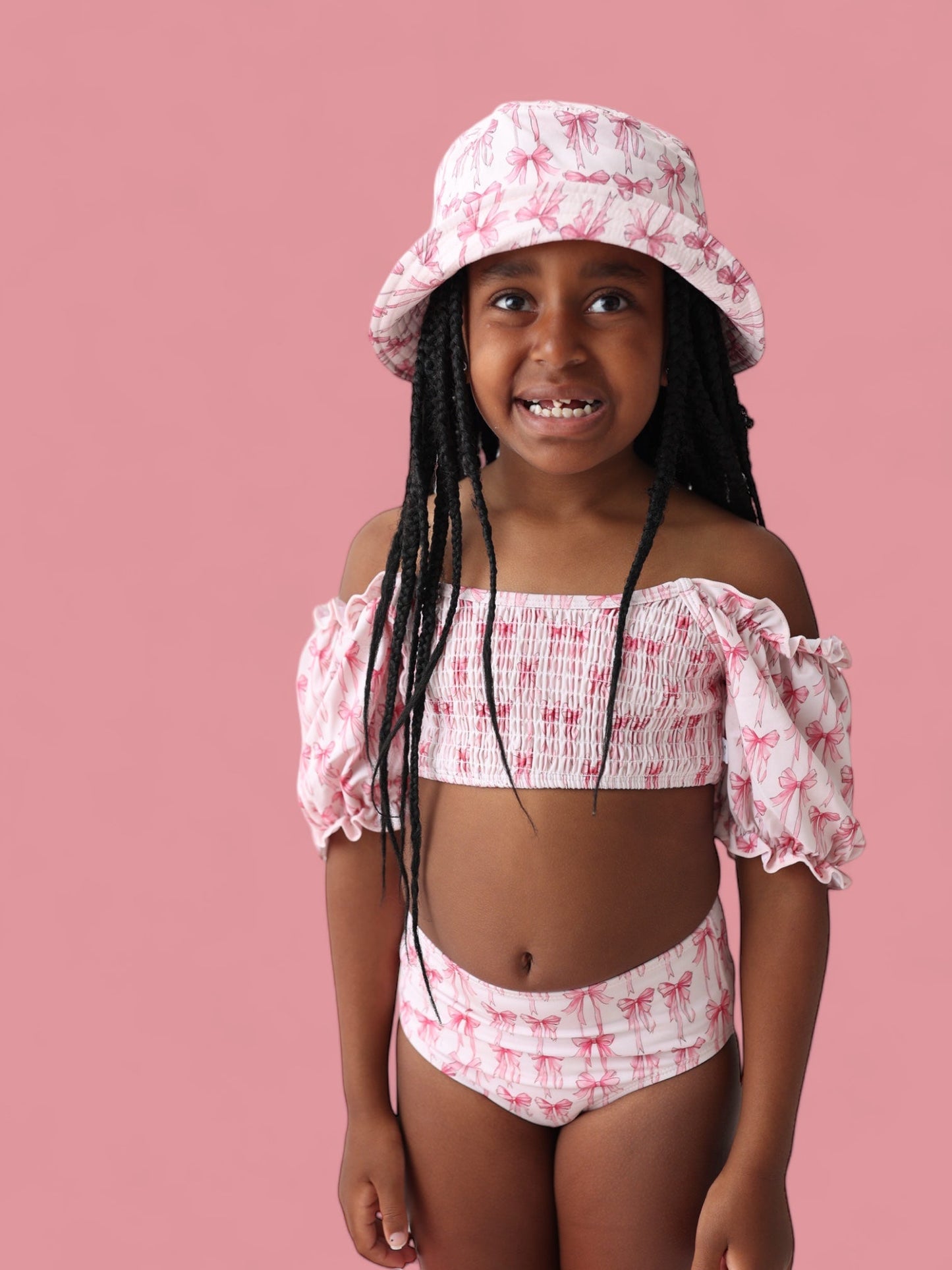 BOW CUTE DREAM SMOCKED OFF THE SHOULDER SWIM SUIT