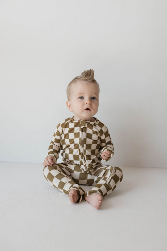 Bamboo Zip Pajamas  | Olive Checkerboard