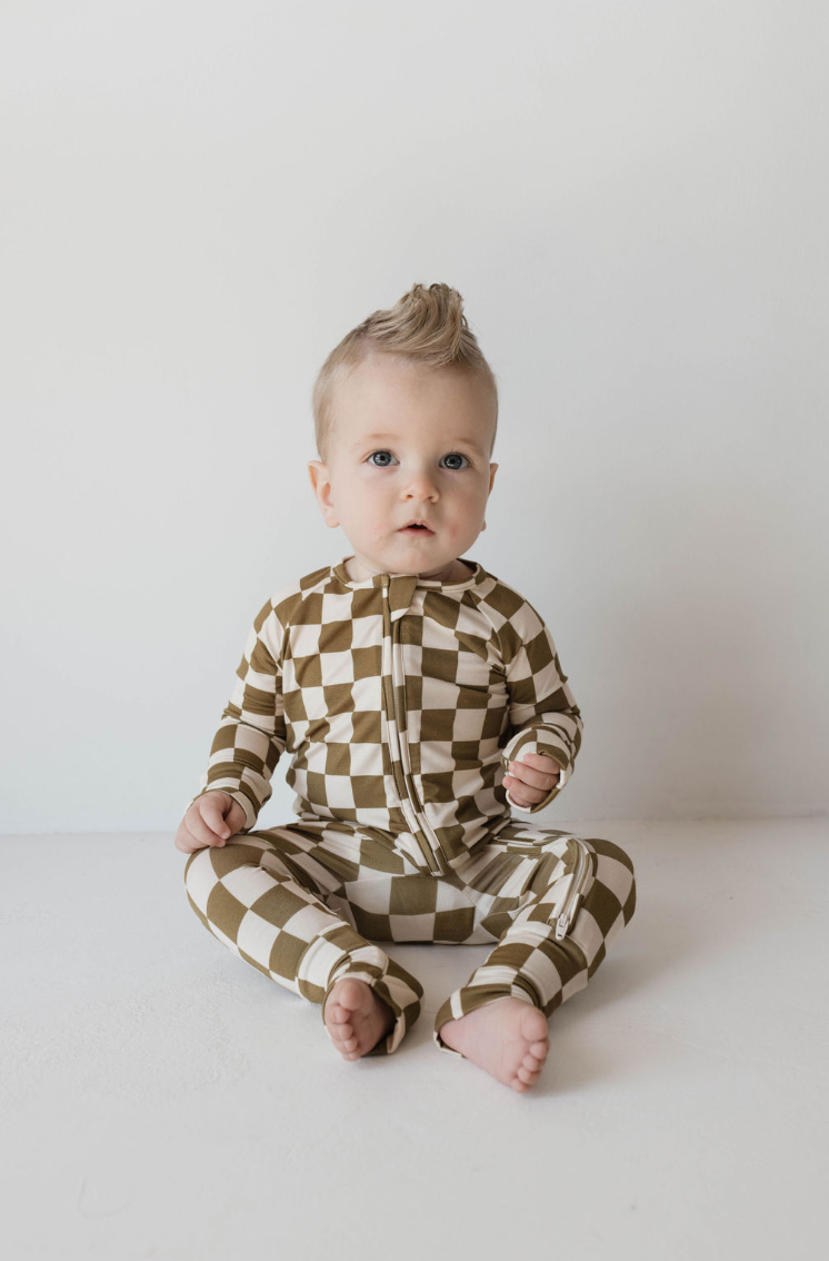 Bamboo Zip Pajamas  | Olive Checkerboard