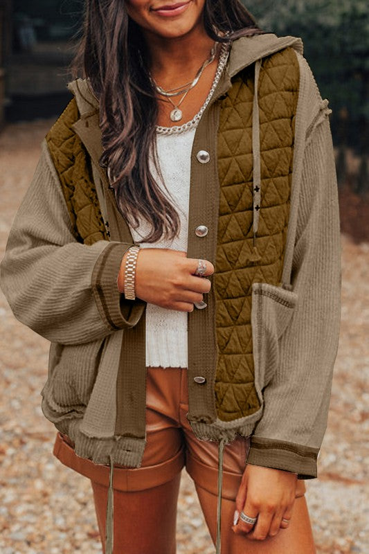 Women Textured Patchwork Loose Fit Hooded Jacket