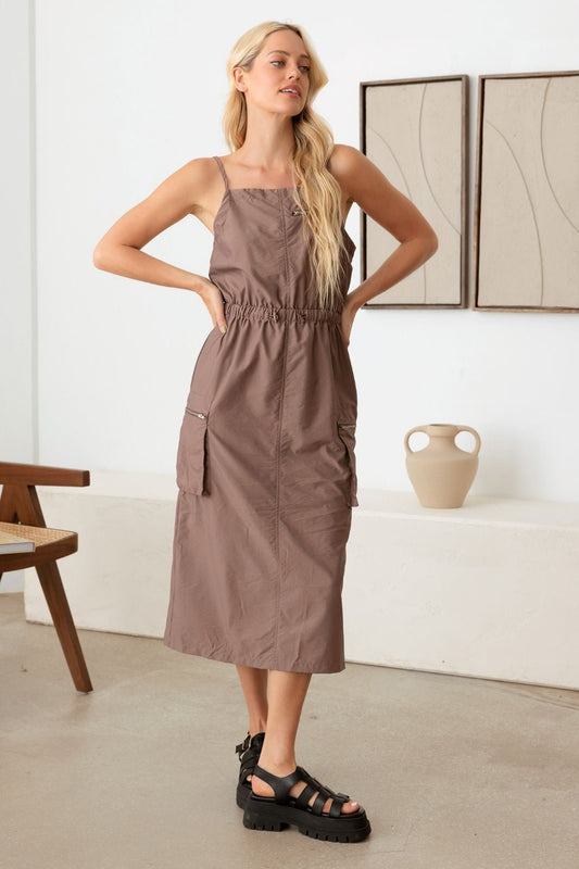 Adjustable Strap Waist Drawstring Cargo Midi Dress - Mack & Harvie