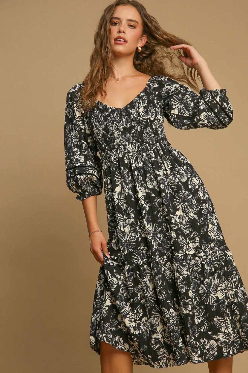 Ruffle Hem Flower Printed V-Neck Dress