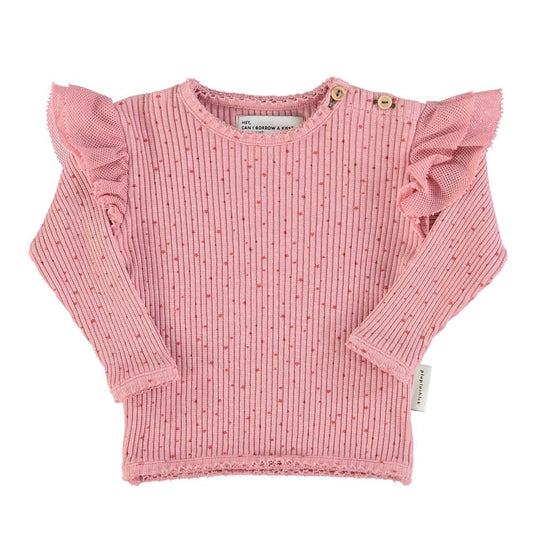 Baby Long Sleeve Top w/ Frills on Shoulders - Pink w/ Orange Little Stars - Mack & Harvie