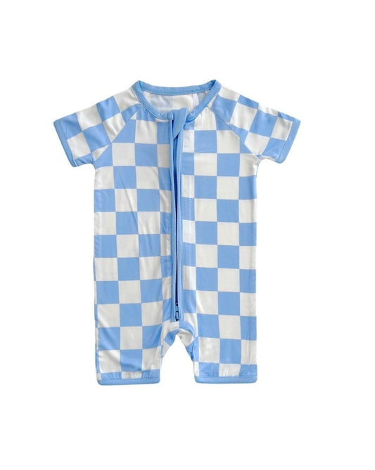 Bamboo Shorty Romper | Blue Checkered - Mack & Harvie