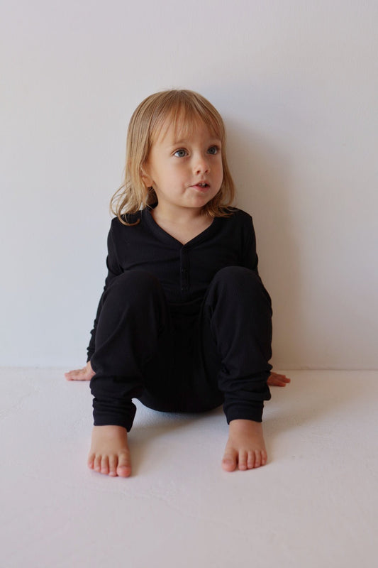 Bamboo Two Piece Pajamas | Black Ribbed - Mack & Harvie