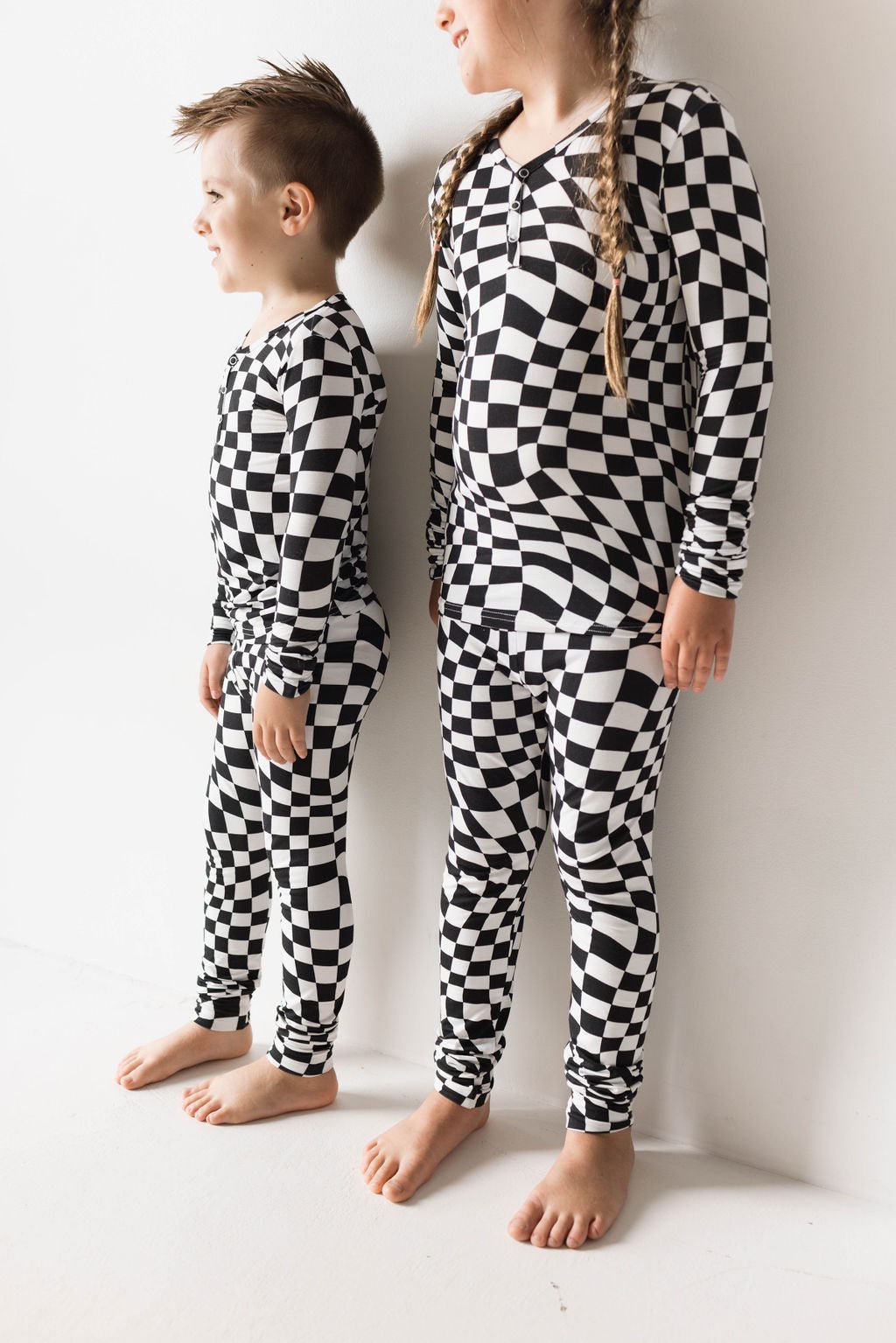 Bamboo Two Piece Pajamas | Black & White Wavy Checkerboard - Mack & Harvie