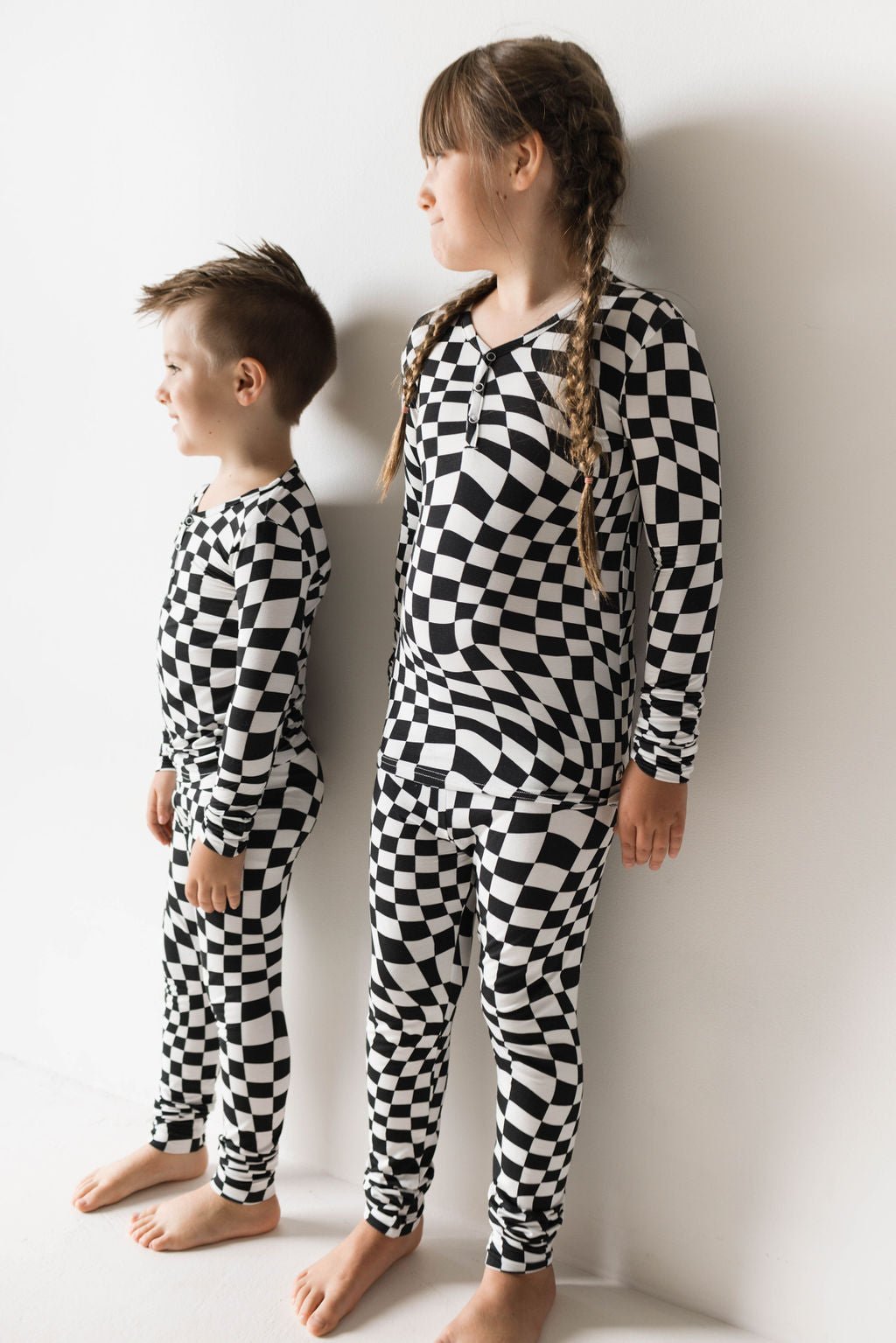 Bamboo Two Piece Pajamas | Black & White Wavy Checkerboard - Mack & Harvie