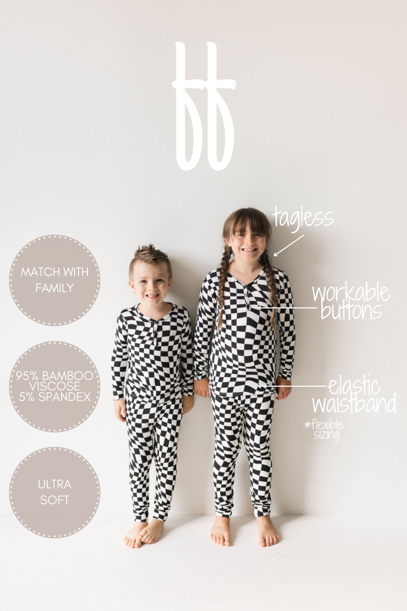 Bamboo Two Piece Pajamas | Black & White Wavy Checkerboard - Mack & Harvie