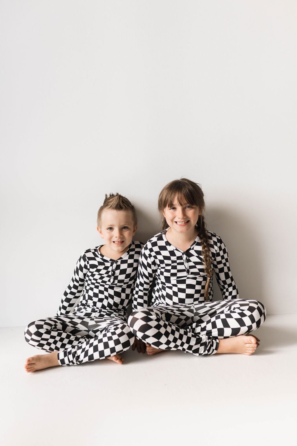 Bamboo Two Piece Pajamas | Black & White Wavy Checkerboard - Mack & Harvie