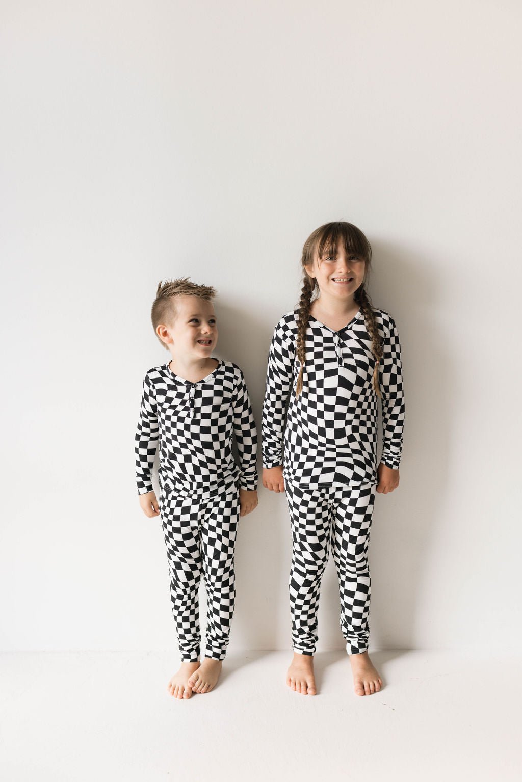 Bamboo Two Piece Pajamas | Black & White Wavy Checkerboard - Mack & Harvie