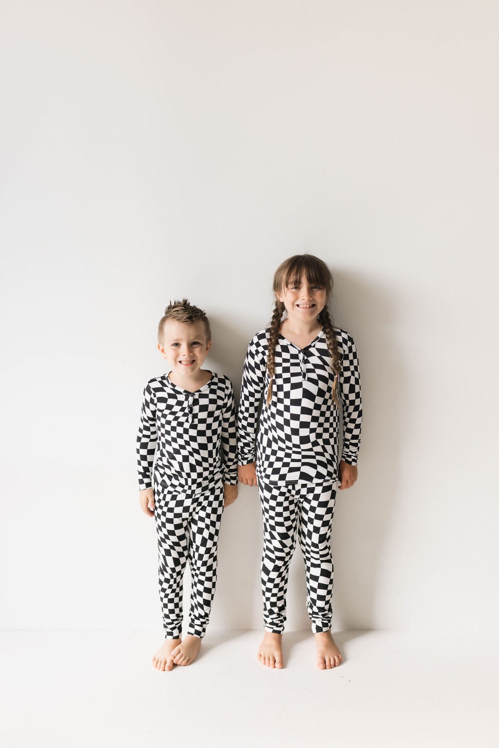 Bamboo Two Piece Pajamas | Black & White Wavy Checkerboard - Mack & Harvie