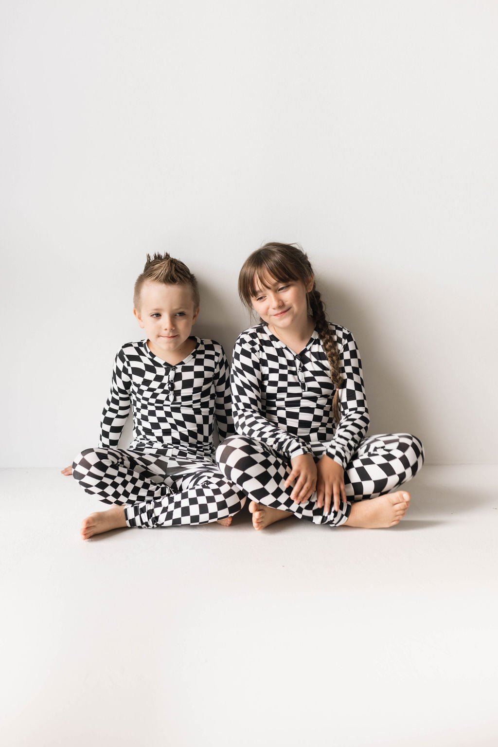 Bamboo Two Piece Pajamas | Black & White Wavy Checkerboard - Mack & Harvie