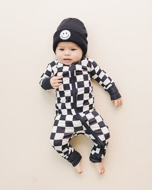 Bamboo Zip Romper | Black Checkered - Mack & Harvie