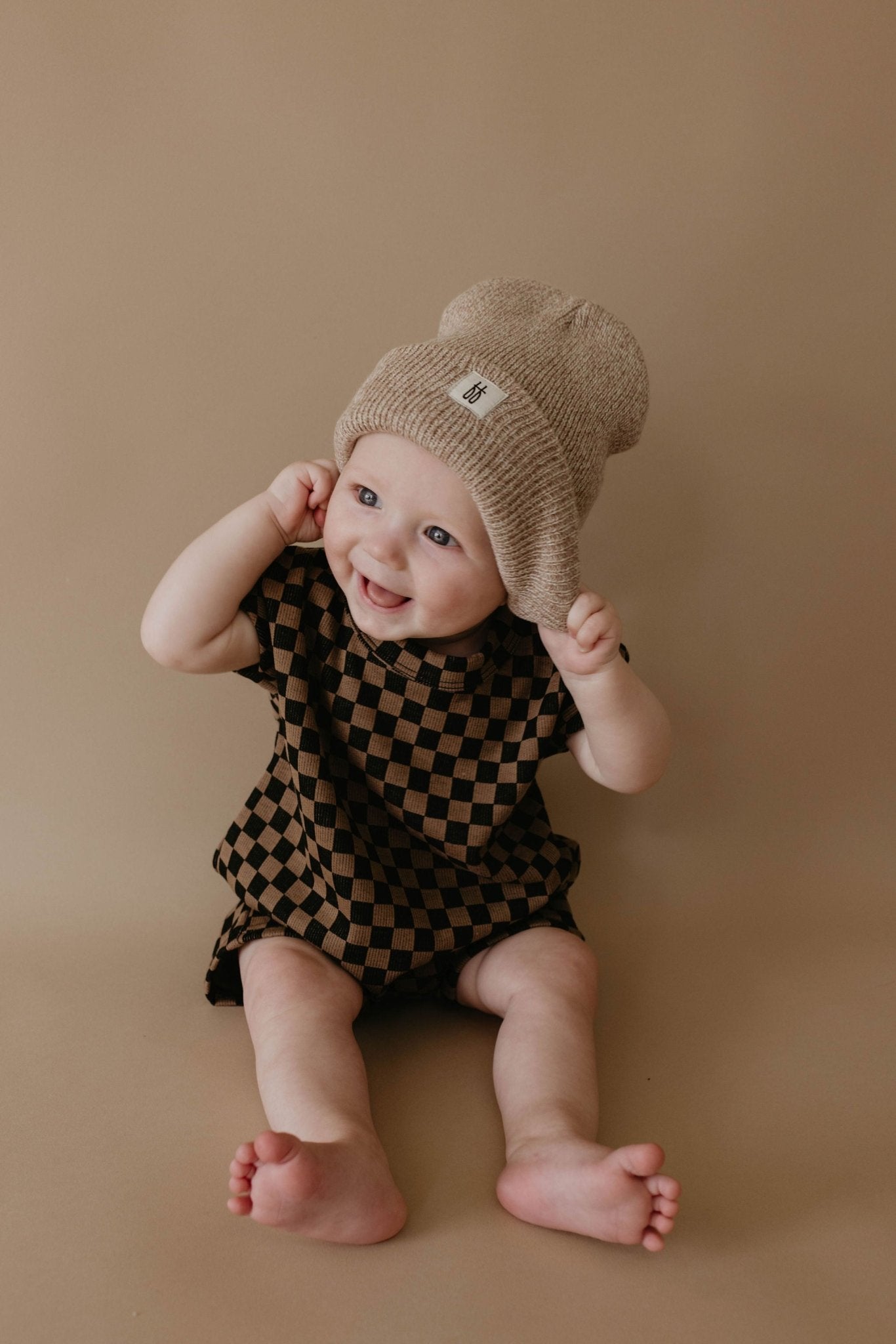 Black & Brown Checkerboard | Short Sleeve Ribbed Romper - Mack & Harvie