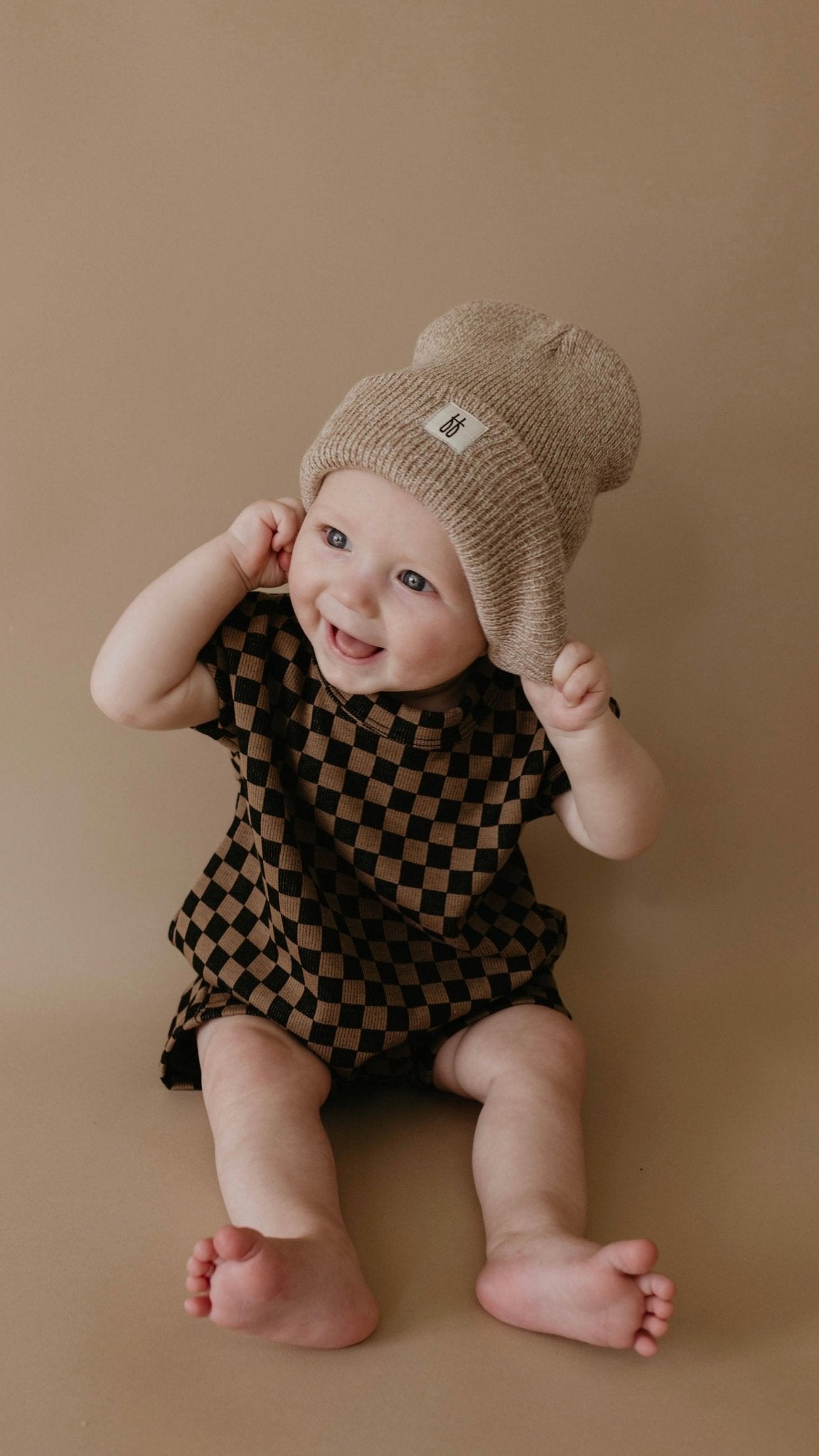 Black & Brown Checkerboard | Short Sleeve Ribbed Romper - Mack & Harvie