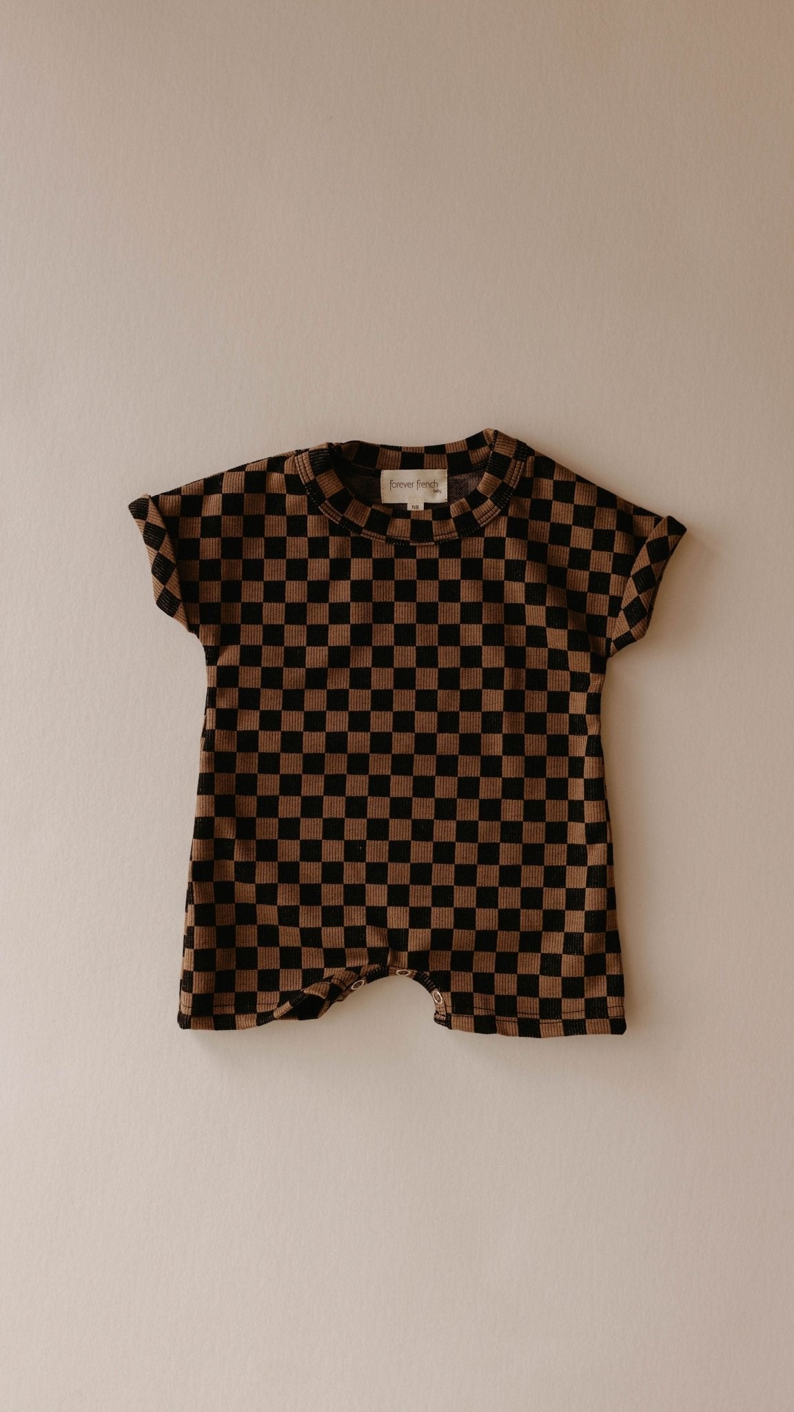 Black & Brown Checkerboard | Short Sleeve Ribbed Romper - Mack & Harvie