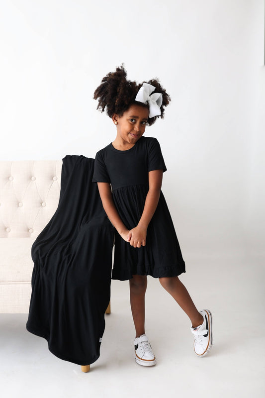 BLACK RIB DREAM RUFFLE DRESS - Mack & Harvie