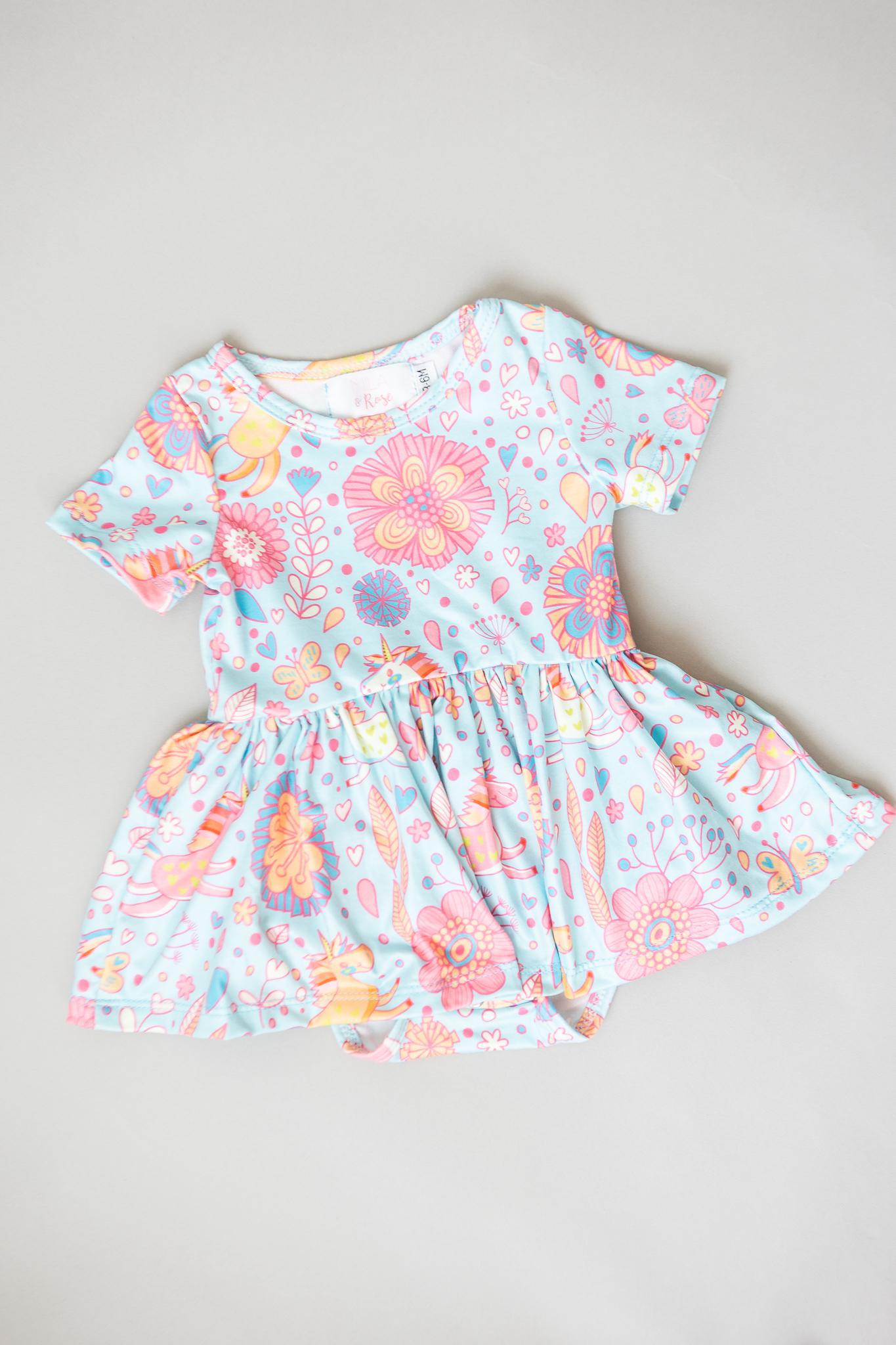 Blue Retro Unicorns S/S Twirl Bodysuit - Mack & Harvie