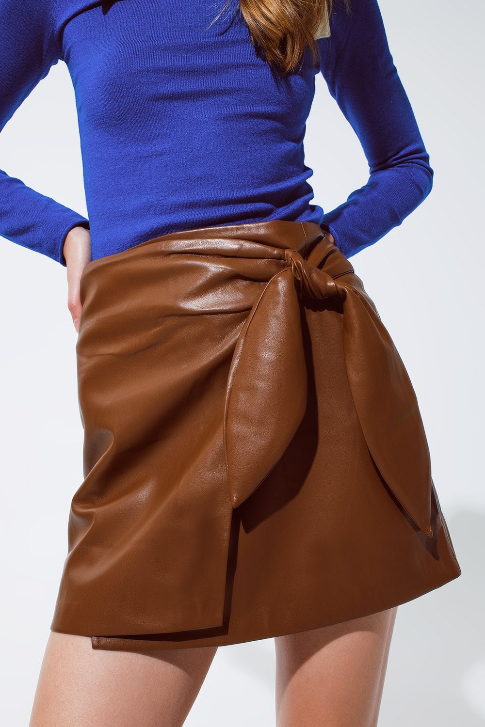 Brown Faux Leather Mini Skirt With Bow on the Side - Mack & Harvie