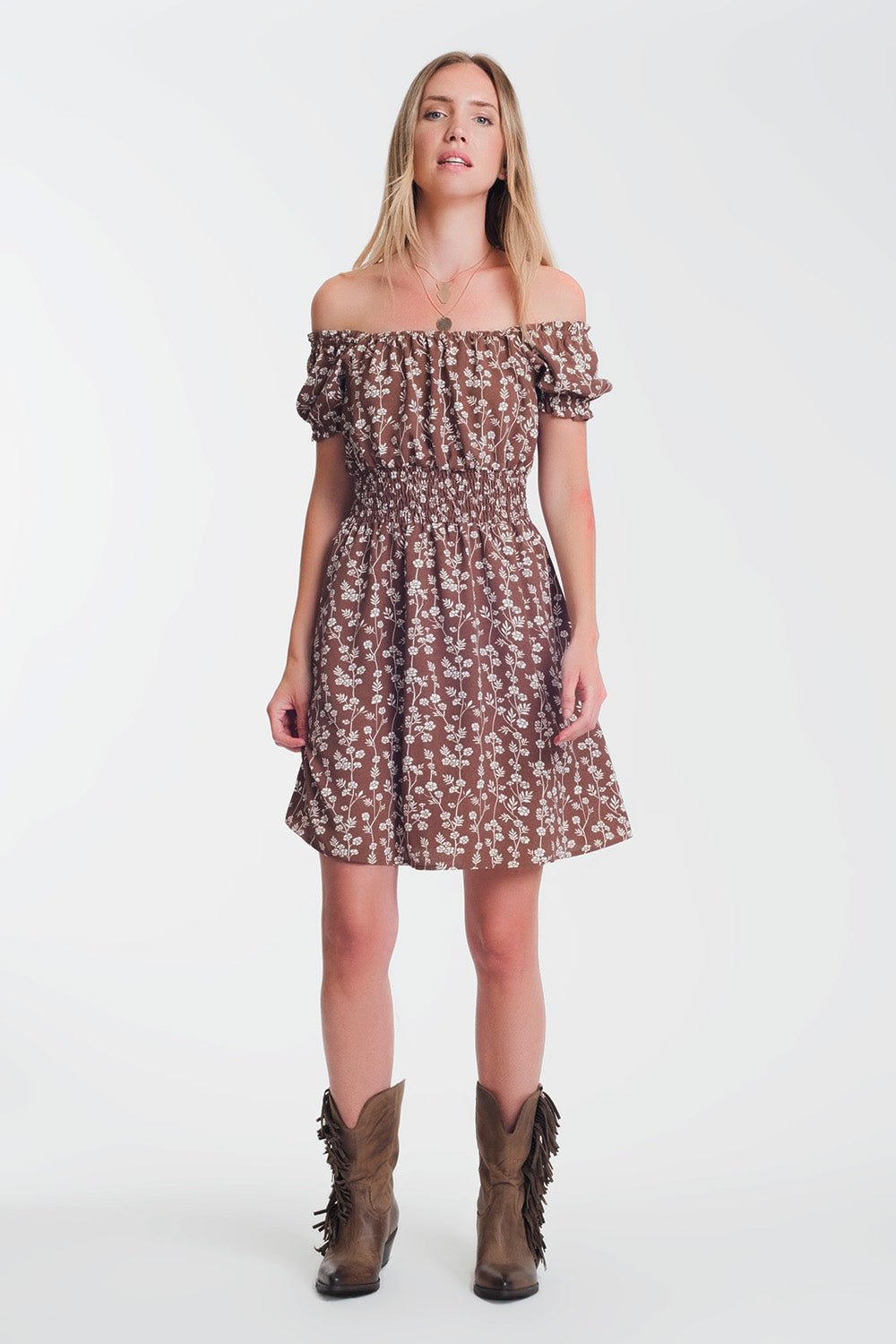 Brown Mini Bardot Dress in Floral Print - Mack & Harvie