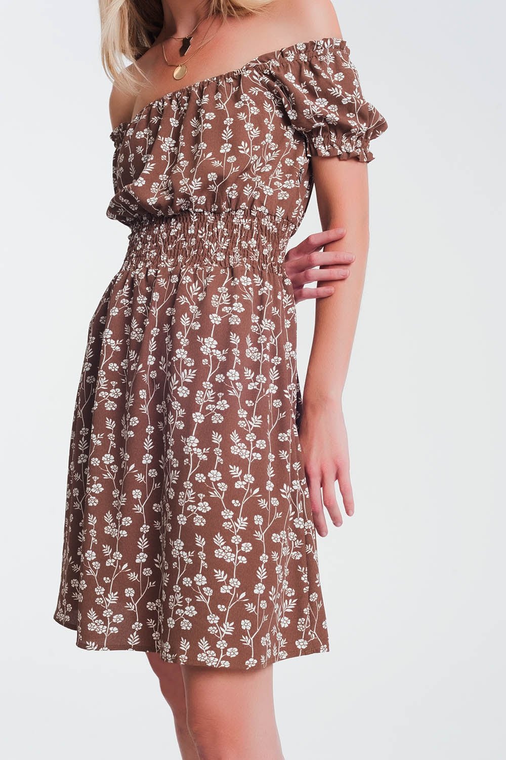 Brown Mini Bardot Dress in Floral Print - Mack & Harvie