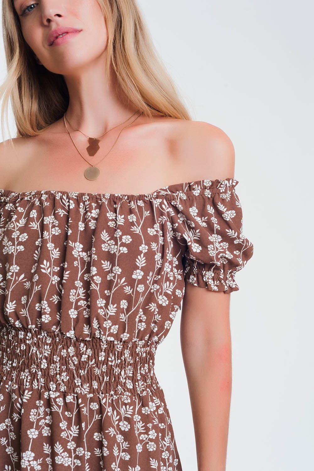 Brown Mini Bardot Dress in Floral Print - Mack & Harvie