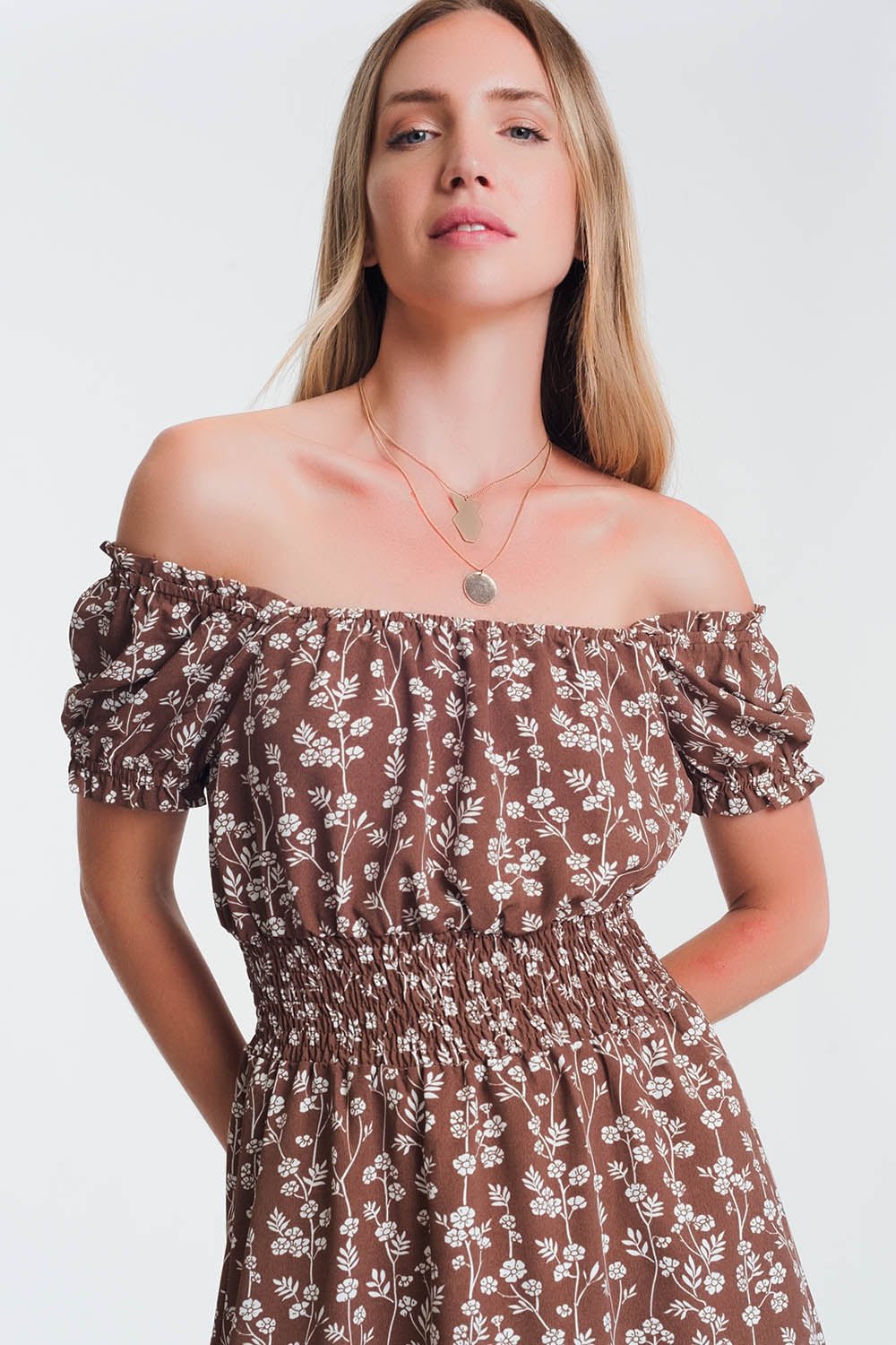 Brown Mini Bardot Dress in Floral Print - Mack & Harvie